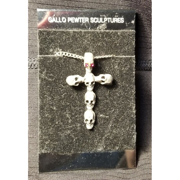 Vtg Gallo Pewter 24" Necklace Skulls Forming A Cross Pendant Red Jeweled Eyes - Picture 5 of 5